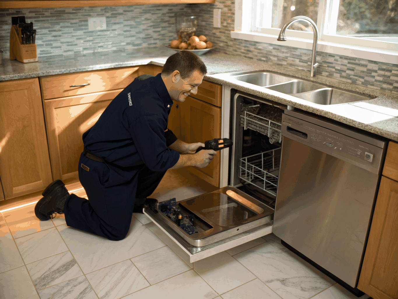 Appliance repair specialist fixing dishwasher circulation pump in Buford home