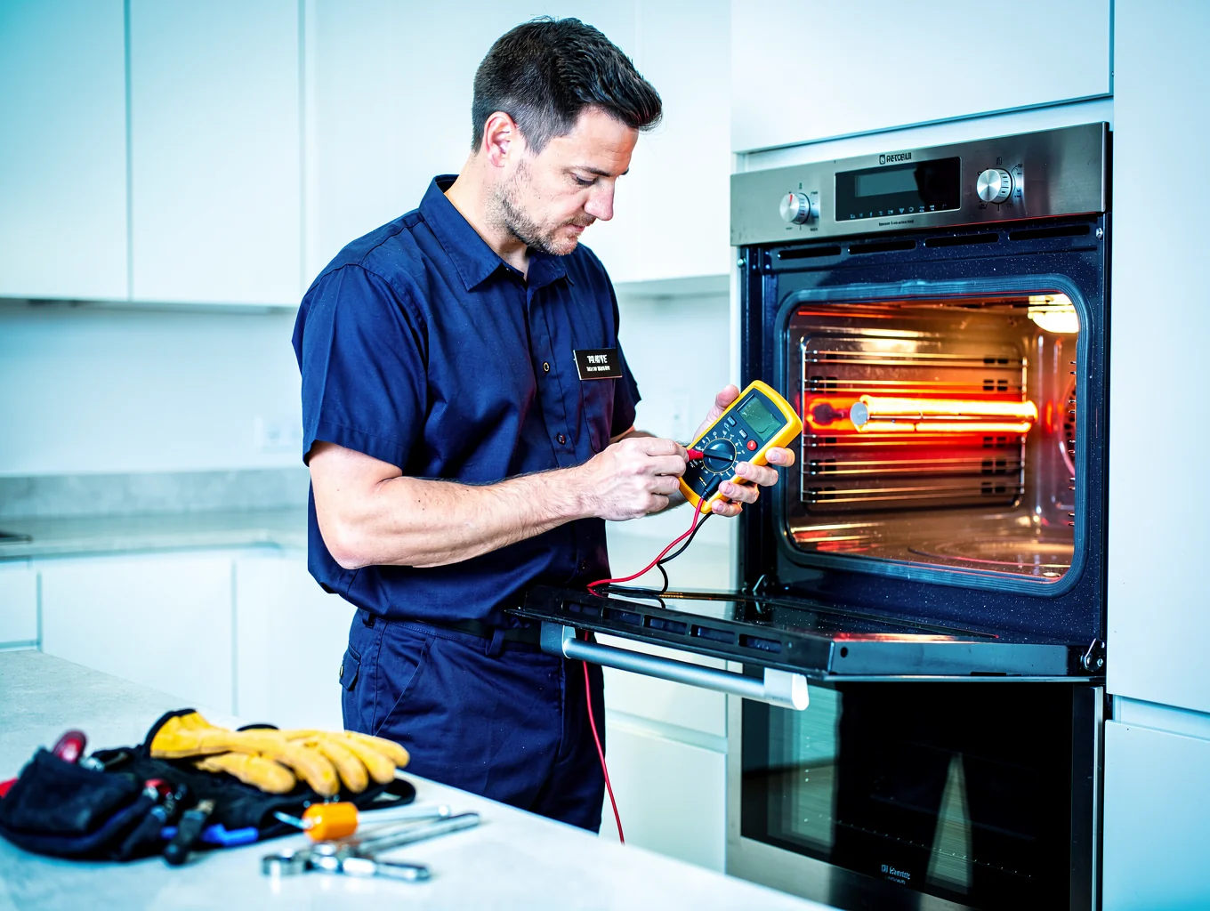 Master repair technician replacing oven bake element in Buford GA kitchen