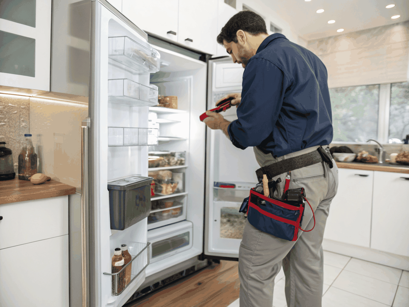 Technician inspecting a modern French door refrigerator cooling system in Buford GA