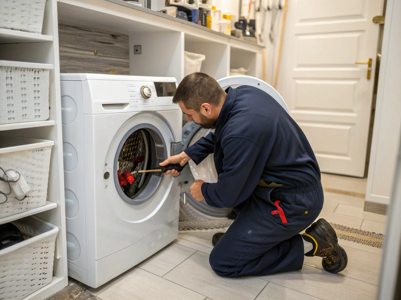 Front-load washing machine suspension and pump repair in Buford laundry room